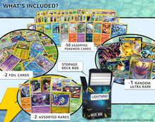 Load image into Gallery viewer, Lightning Card Collection&#39;s Ultra Rare Bundle- 50 Cards, 2 foil Cards, 2 Rare Cards, 1 Random Legendary Ultra-Rare Card, Plus a Lightning Card Collection Deck Box Compatible with Pokemon Cards
